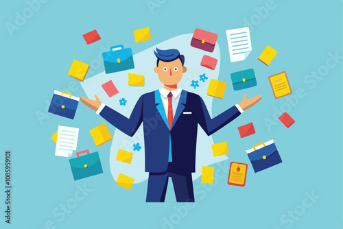 businessman juggling tasks vector illustration for multitasking and productivity.