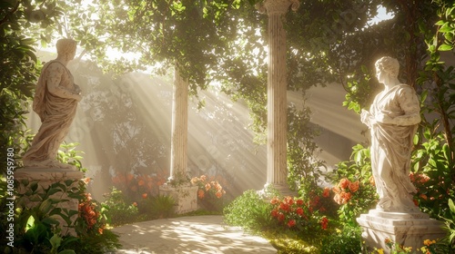 Wallpaper Mural Majestic Roman Garden Oasis - 3D Render with Marble Statues and Vibrant Flowers in Dramatic Light Torontodigital.ca