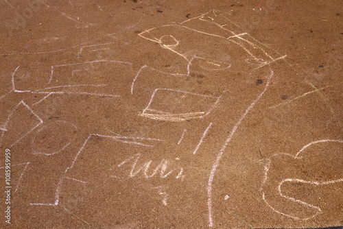 Children's chalk drawings on the sidewalk in the city.