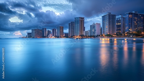 **: The Honolulu skyline at dusk, with the city lights beginning to twinkle against the deepening blue of the ocean, creating a stunning waterfront scene.