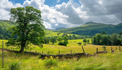 Fototapeta Naklejka Na Ścianę i Meble -  Beautiful summer landscape in Scotland with green meadows, trees and clouds
