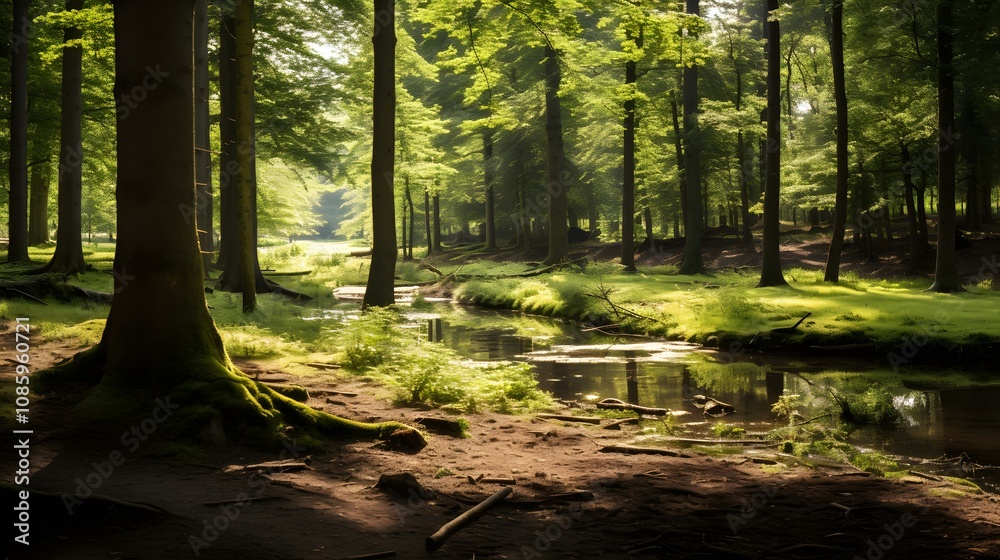 Obraz premium Tranquil forest landscape with a winding creek and dense foliage illuminated by gentle sunlight