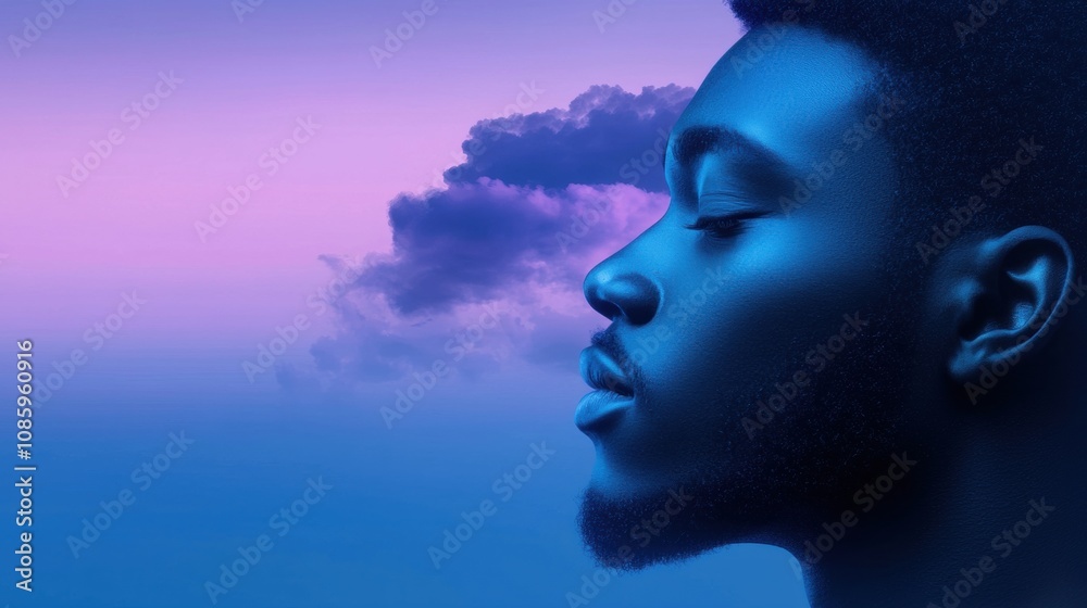 A man's face is shown in a blue and purple sky A man's face is shown in a blue and purple sky