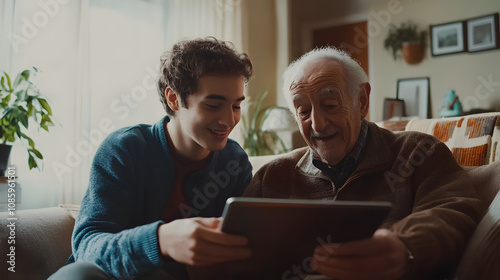 A young adult teaching an elderly man to use a tablet both focused and smiling in a comfortable living room. photo