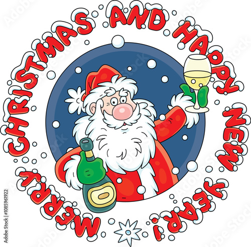 Merry Christmas and happy New Year card with funny Santa Claus making a holiday toast and drinking wine with a bottle and a glass, vector cartoon illustration on white