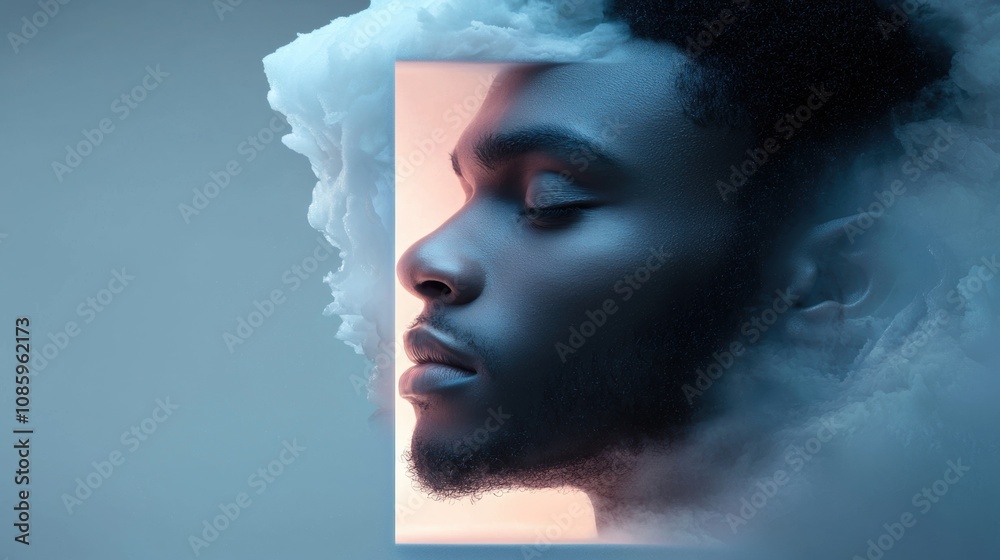 A man's face is shown in a cloud of smoke, with his eyes closed and mouth open A man's face is shown in a cloud of smoke, with his eyes closed and mouth open