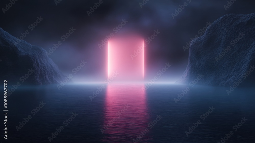 A large pink glowing light is in the middle of a body of water A large pink glowing light is in the middle of a body of water