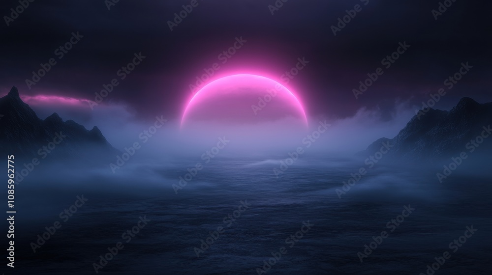 A large pink sun is in the sky above a body of water A large pink sun is in the sky above a body of water