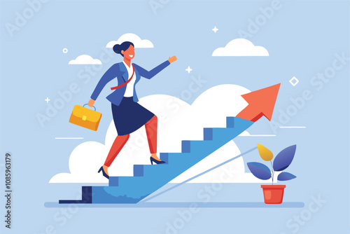 businesswoman climbing stairs vector illustration for career growth and success.