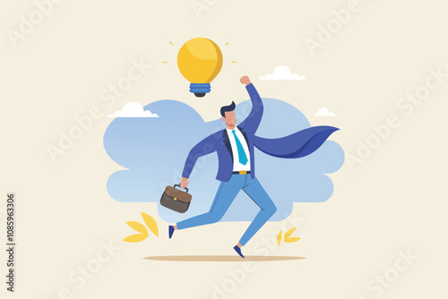 big idea for solving business problems: innovation and growth with a smart manager holding a floating light bulb balloon.