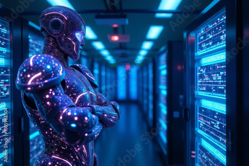 A luminescent cyborg security guard observing data servers in a neon-lit technological corridor  photo