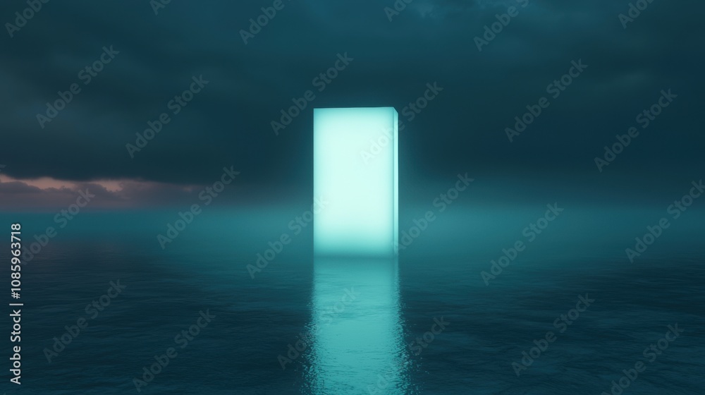 A large, glowing, blue structure is floating in the water A large, glowing, blue structure is floating in the water