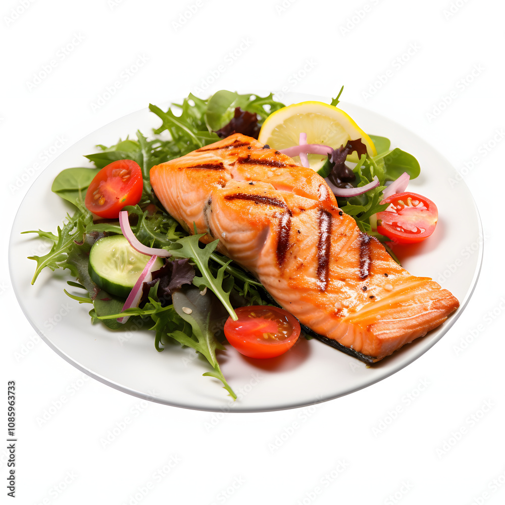 Grilled salmon with asparagus on white plate isolated on black background
Grilled salmon with asparagus on white plate isolated on black background