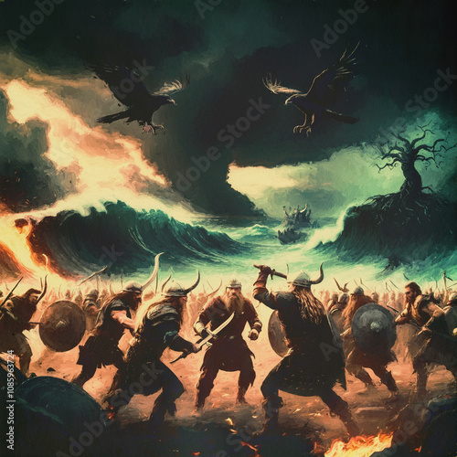 Epische Schlacht zwischen Wikingern und mythologischen Kreaturen am Ufer eines stürmischen Meeres bei Dämmerung photo