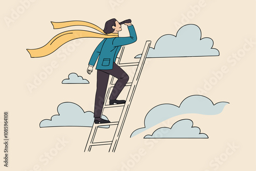 vector illustration of a businesswoman climbing a ladder and looking through a telescope to symbolize vision, ambition, leadership, and career growth.