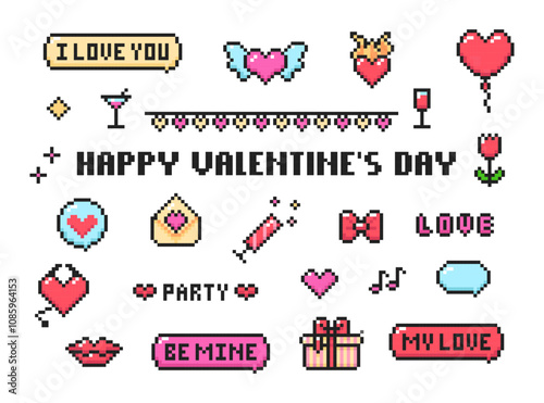 Happy Valentine's Day pixel art icons set, valentine's pixel stickers. Sponges, balloon, valentine, letterings, hearts 8-bit design elements.