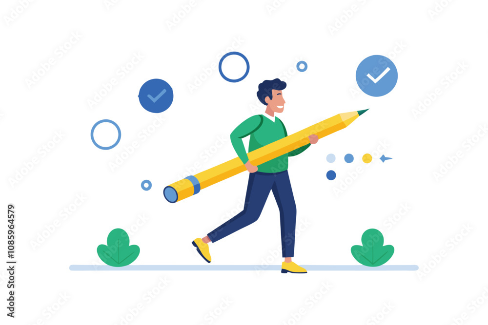 vector illustration of a businessman carrying a pencil symbolizing goal setting and task completion. vector illustration of a businessman carrying a pencil symbolizing goal setting and task completion.