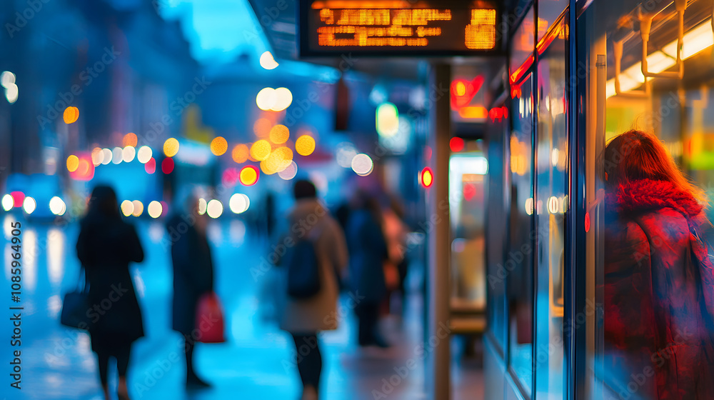 People waiting at a bustling bus stop as city lights glow in the early evening creating a warm atmosphere.