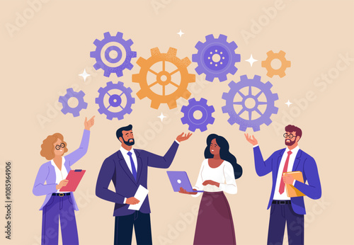 Business Discussion Concept. Vector flat style illustration of a group of diverse smiling people in business outfits with gears on top talking to each other. Isolated on background