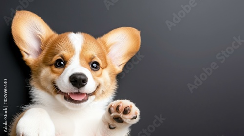 Adorable corgi puppy with floppy ears against dark background