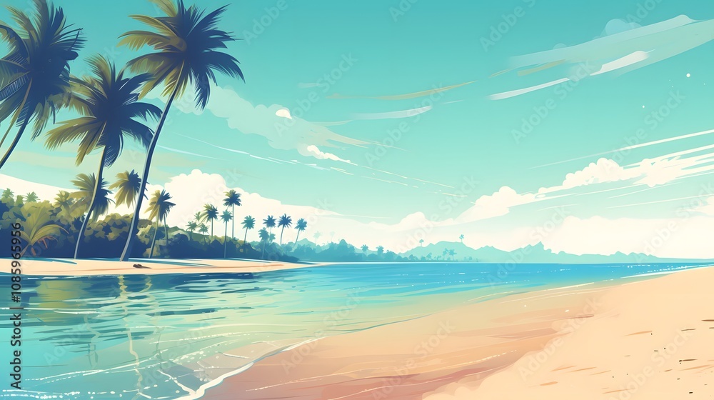 Fototapeta premium Tropical beach with palm trees and calm turquoise waters under a bright blue sky