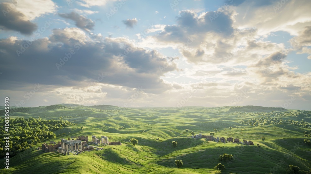 Fototapeta premium Majestic 3D Render of Roman Countryside with Ancient Ruins and Dramatic Skies, Ultra-Detailed Landscape Design