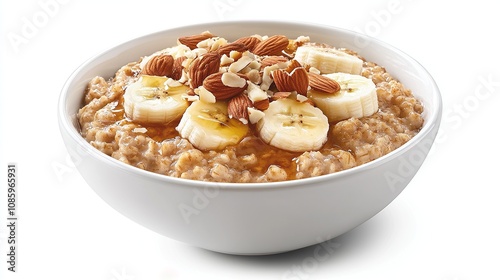 Oatmeal bowl with bananas, nuts, and honey. photo