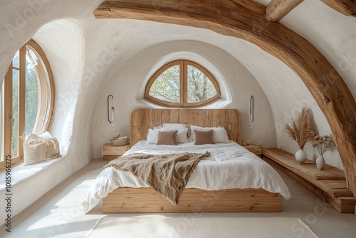 A rustic wooden bed in a chalet-style eco hotel, framed by a white arched ceiling and an elliptical window casting soft natural light. photo