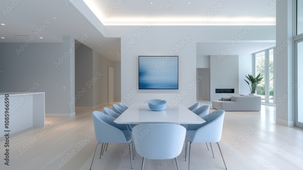 A large, white dining table is surrounded by blue chairs in a spacious A large, white dining table is surrounded by blue chairs in a spacious