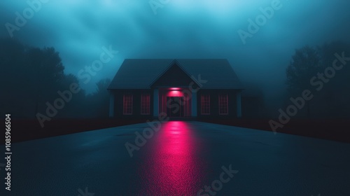 A house with a red door is lit up in the dark photo