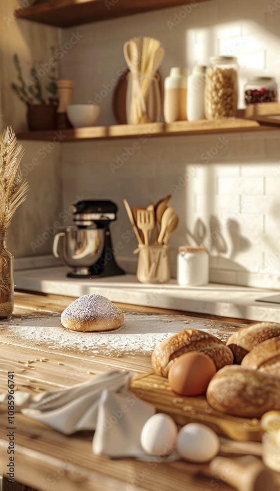 3d display of empty wheat flour packaging with baking ingredients in a cozy kitchen setting 3d display of empty wheat flour packaging with baking ingredients in a cozy kitchen setting