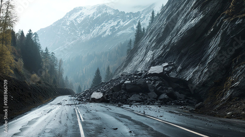 Rockslide obstructs mountain road in a remote region during overcast weather photo