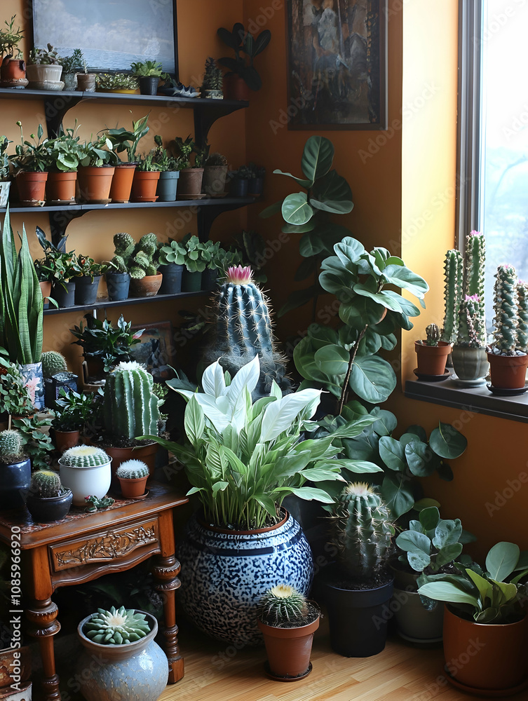 A cozy indoor space filled with various plants and cacti, creating a vibrant atmosphere. A cozy indoor space filled with various plants and cacti, creating a vibrant atmosphere.
