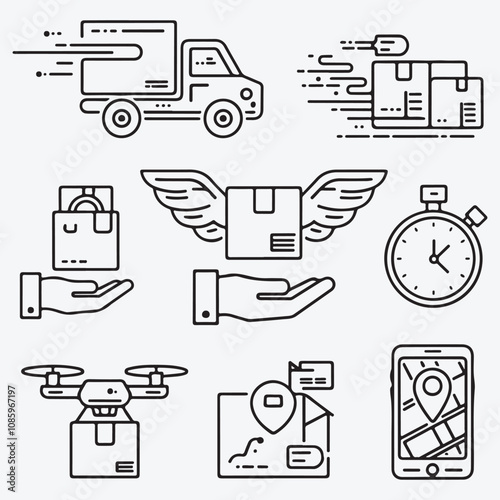 Modern Line Icons Set for Delivery Services: Trucks, Packages, Drones, and Shipping Tracking