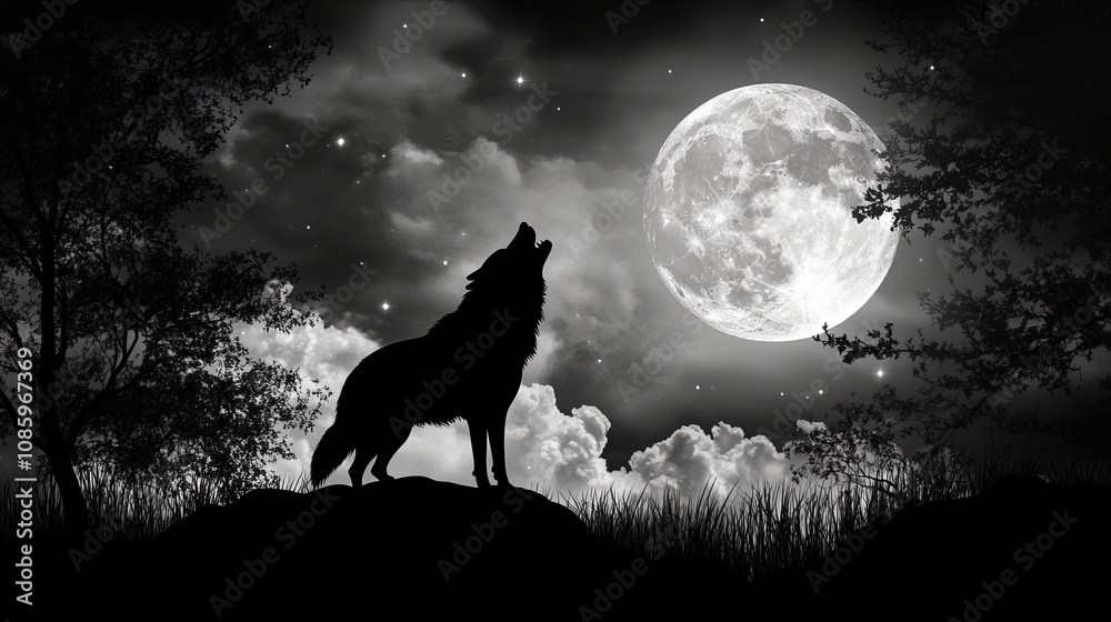 Wildlife Wolf in Night Landscape with Howling Wolf at Full Moon for Background or Wallpaper