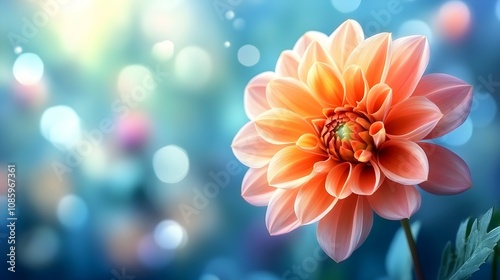 Close-up view of a beautiful orange dahlia flower with soft focus effect on a blurred blue background.