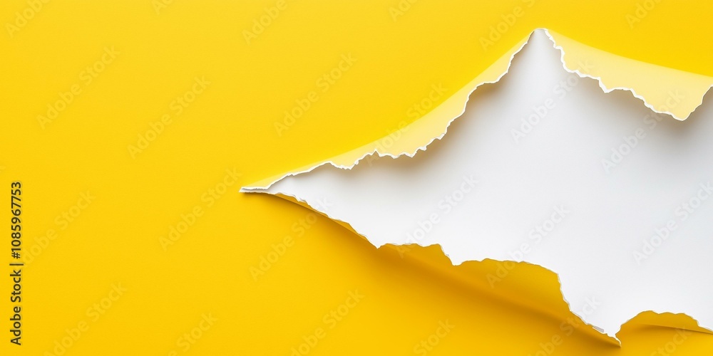 Vibrant yellow background with torn paper texture revealing white space Vibrant yellow background with torn paper texture revealing white space