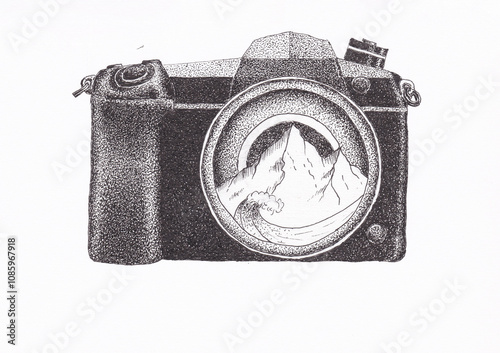Pen and ink drawing of a camera with the image of mountain and sea in the lense