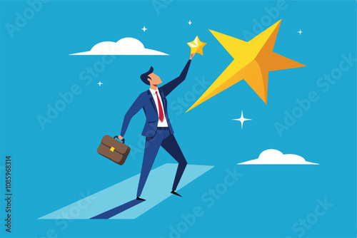 vector illustration of a businessman reaching for a star symbolizing ambition and success.