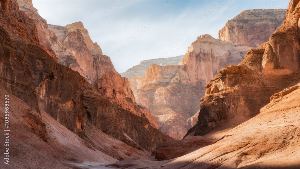 Fototapeta premium Majestic Canyon: Experience the awe-inspiring grandeur of a deep canyon carved by nature, where towering rock formations in shades of red and brown reach towards a clear, sunlit sky.