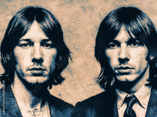 Porträt zweier junger Männer mit langen Haaren in einem künstlerischen Stil, aufgenommen in einem urbanen Umfeld während der 1970er Jahre