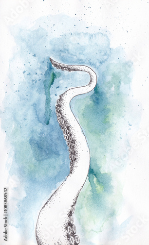 Pen and ink drawing of an octopus tentacle with a blue watercolour background 