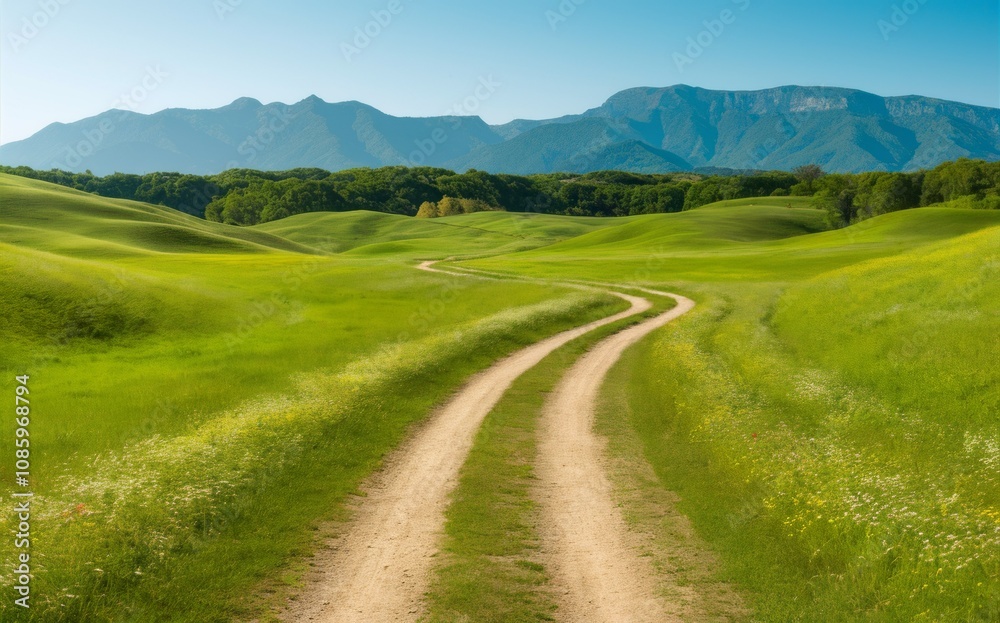 Winding Road to the Mountains: A dirt road meanders through rolling green hills, leading towards a distant mountain range under a clear blue sky, evoking a sense of journey and discovery. Winding Road to the Mountains: A dirt road meanders through rolling green hills, leading towards a distant mountain range under a clear blue sky, evoking a sense of journey and discovery.
