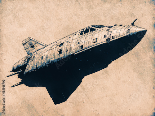 Ein Raumfahrzeug schwebt majestätisch über einer rauen, retro-inspirierten Hintergrundtextur in einer künstlerischen Darstellung