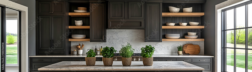 Modern kitchen with dark cabinetry, open shelves, and potted plants on a marble countertop. Modern kitchen with dark cabinetry, open shelves, and potted plants on a marble countertop.