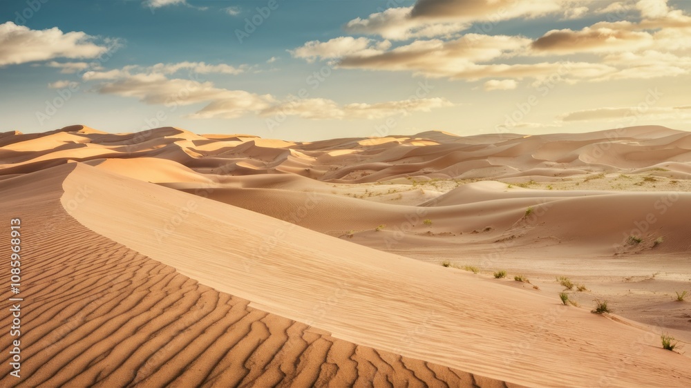 Fototapeta premium Endless Dunescape: Captivating desert landscape under a dramatic sky. The sand dunes ripple across the foreground, leading the eye to the horizon where the sun casts a warm glow.