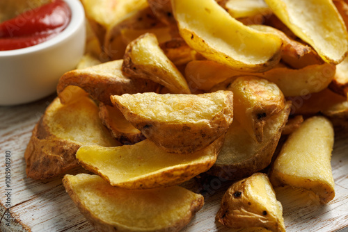 Fried potato dippers with ketchup on a white wooden board