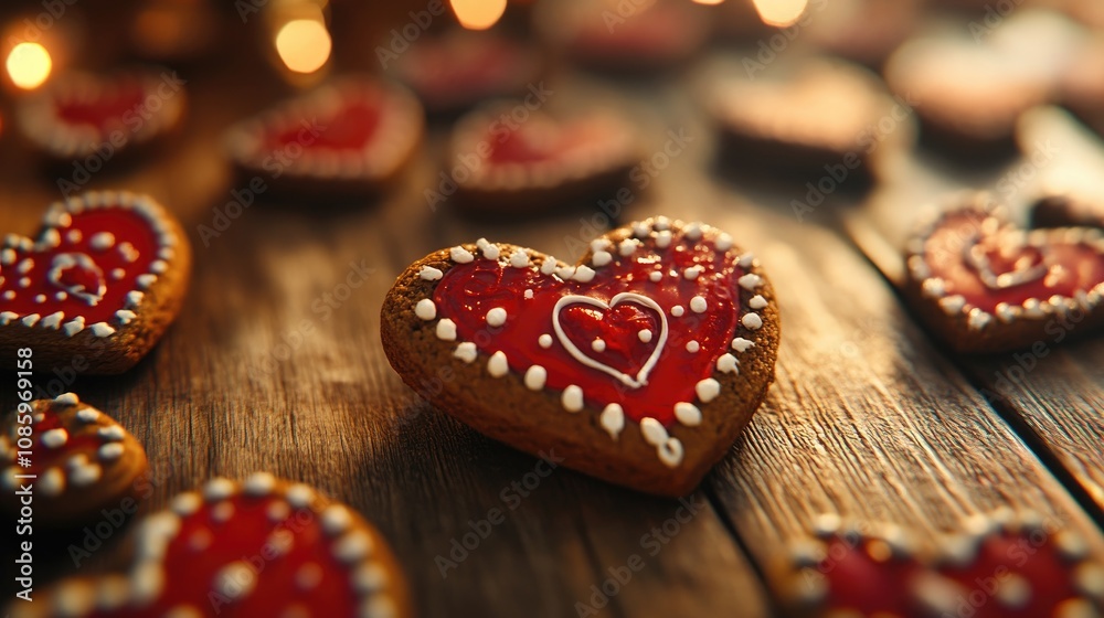 Festive Heart-Shaped Cookies on Rustic Wooden Table with Warm Lighting Festive Heart-Shaped Cookies on Rustic Wooden Table with Warm Lighting