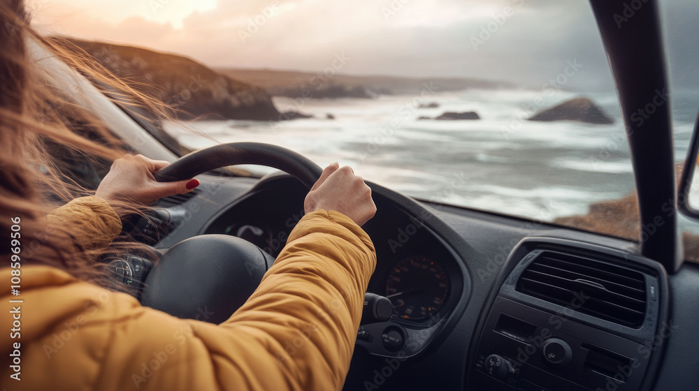 Adventurous Coastal Drive at Sunset: Steering Toward Scenic Ocean Views in a Yellow Jacket Adventurous Coastal Drive at Sunset: Steering Toward Scenic Ocean Views in a Yellow Jacket