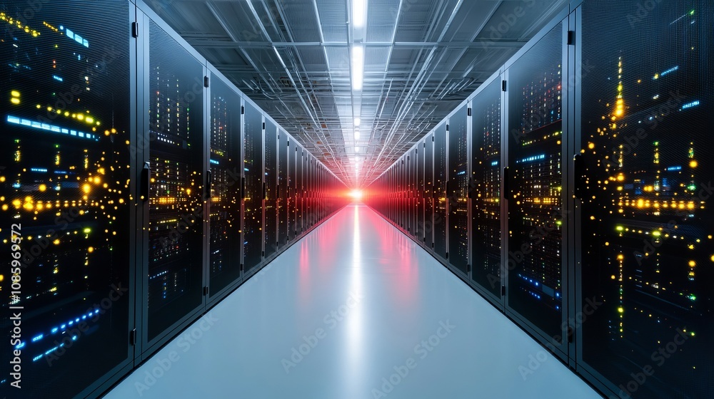 A computer server room with a long hallway filled with rows of servers A computer server room with a long hallway filled with rows of servers